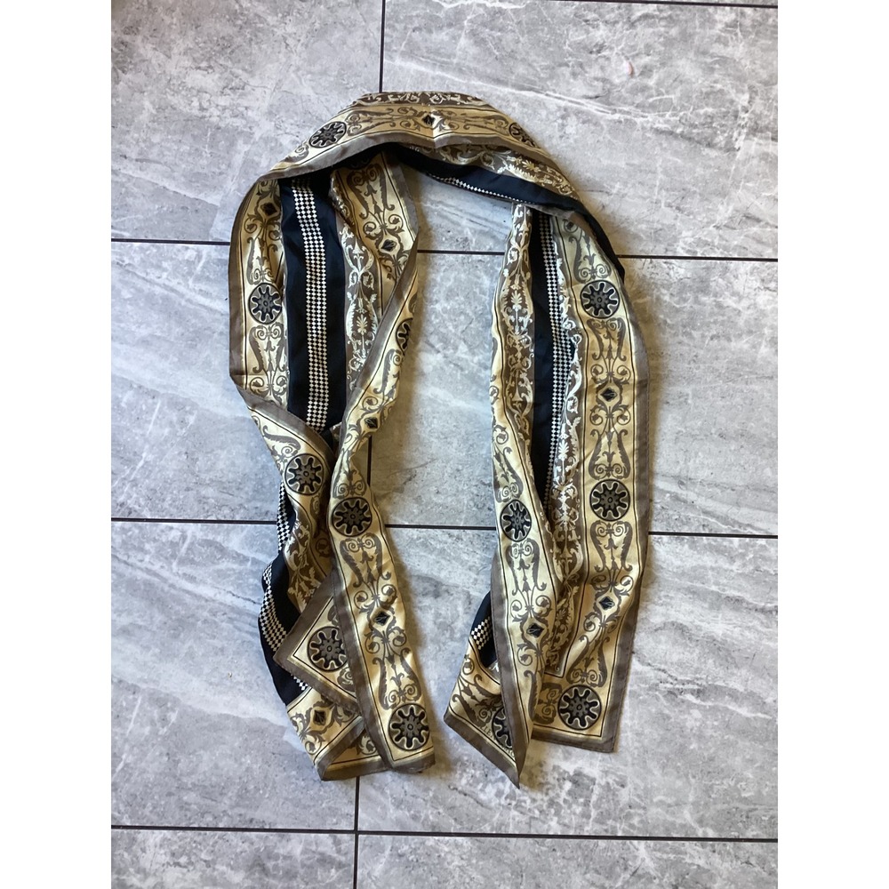 Ellen Tracy Womens Baroque Medallion Scarf Gold Black Checkered Rectangle Silk